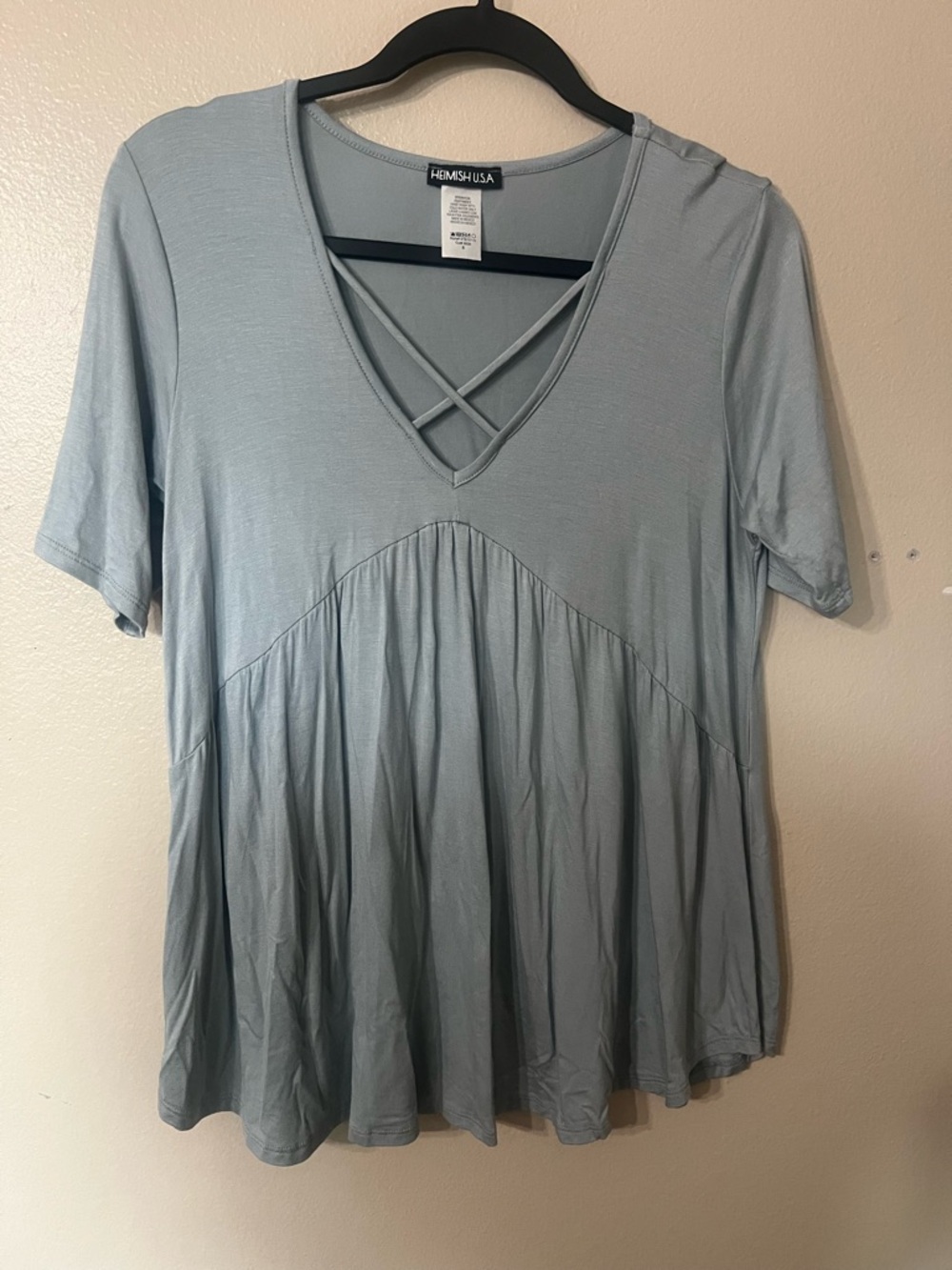 HEIMISH USA Light Blue Crisscross V-Neck Short Sleeve Swing Top
